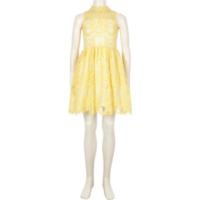 Girls yellow lace diamante prom dress